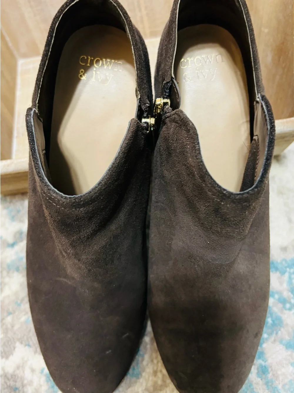 crown & ivy Dark Brown Suede Ankle Booties